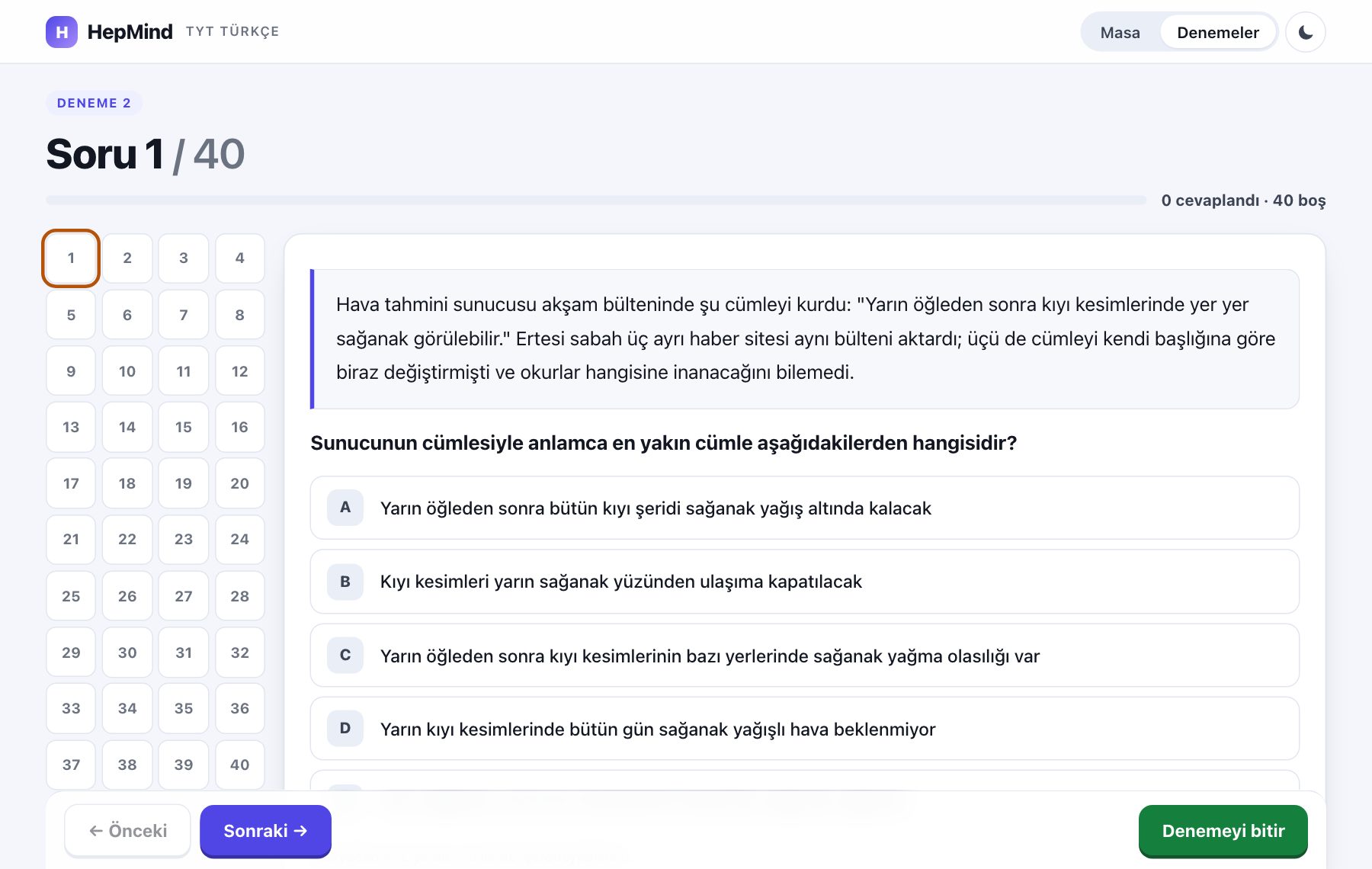 Deneme ekranı, odak modu
