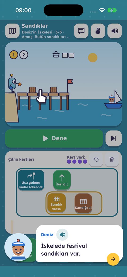 Deniz'in İskelesi: iskelede Çıt ve sandıklar; Deniz 'İskelede festival sandıkları var' diyor.
