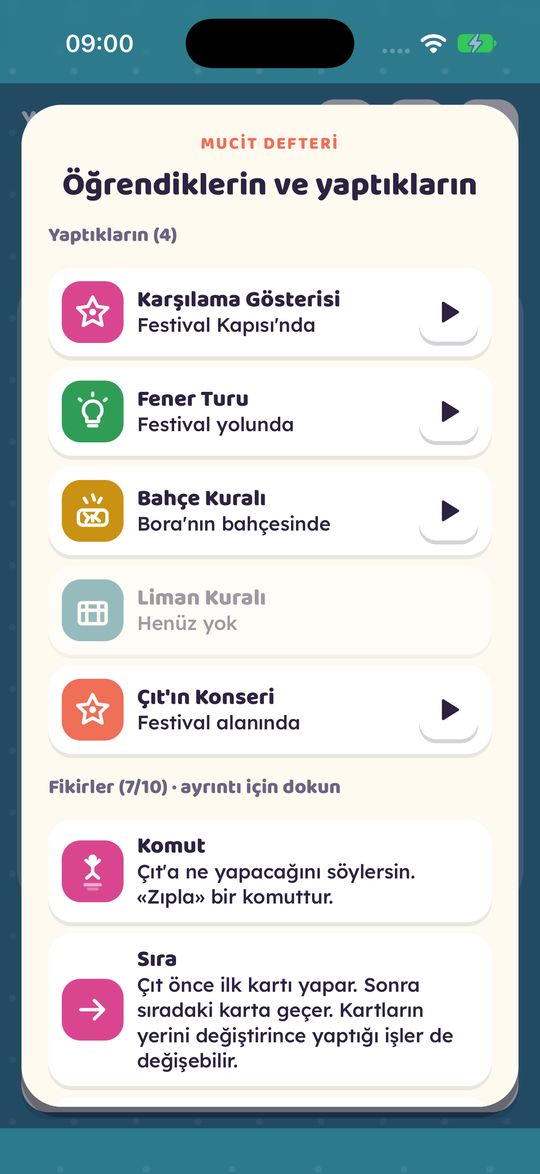 Mucit defteri: öğrendiklerin ve yaptıkların listesi; komut ve sıra fikirleri.