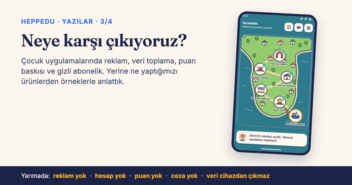 Yazı kapağı: 'Neye karşı çıkıyoruz?' başlığı. Sağda Yarımada oyununun telefon ekranında kasaba haritası; Mina'nın Sahnesi, Lale'nin Atölyesi, Bora'nın Bahçesi ve Deniz'in İskelesi görünüyor. Altta: reklam yok, hesap yok, puan yok, ceza yok, veri cihazdan çıkmaz.